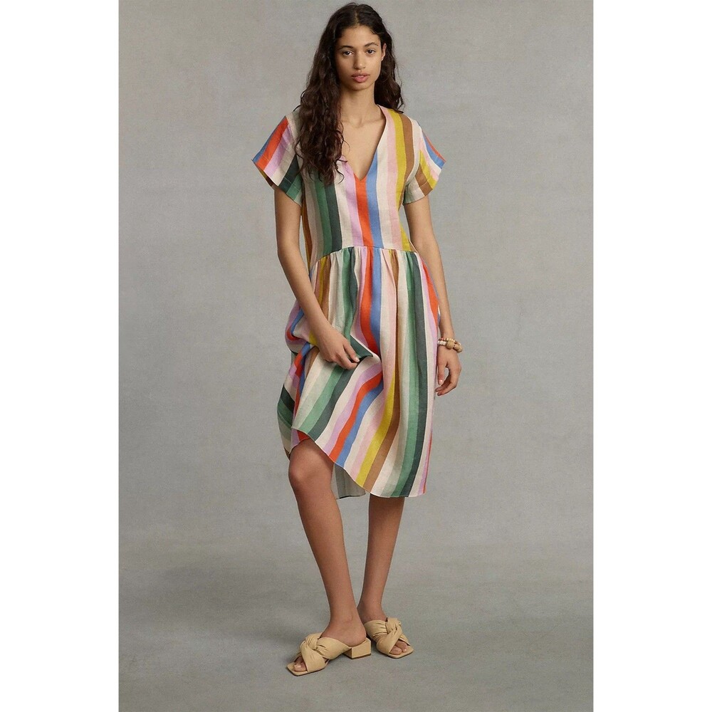 Anthropologie WHIT TWO Rainbow Striped Linen Midi Dress Sz L Drop Waist V Neck